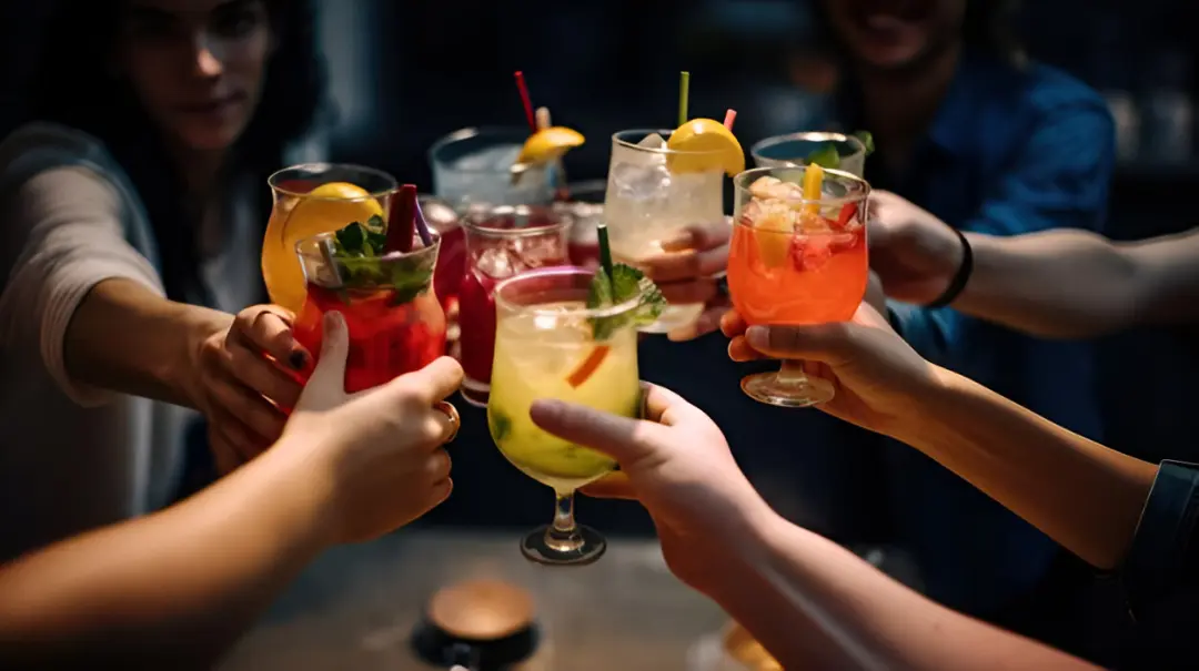 Group of friends raising glasses for a celebratory toast with vibrant mocktails.
