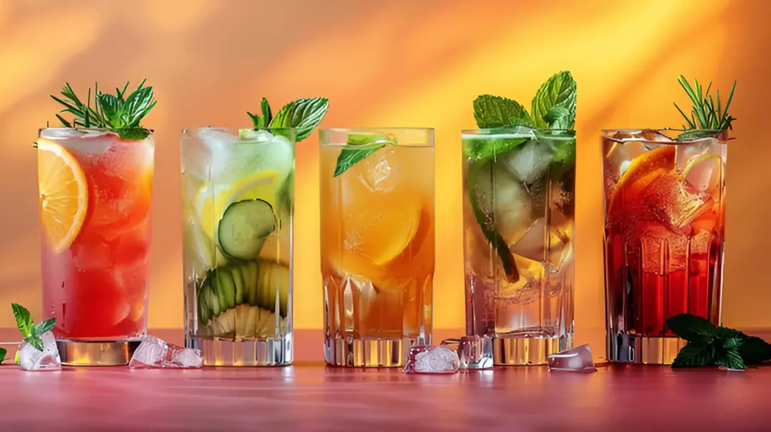 Five tall mocktails lined up, featuring lemon, cucumber, orange, and rosemary garnishes.