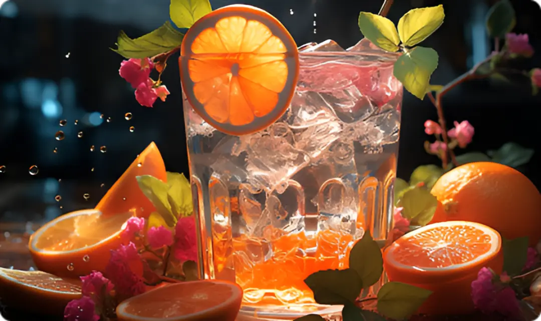 Close-up of a refreshing iced mocktail garnished with a bright orange slice and fresh pink flowers.