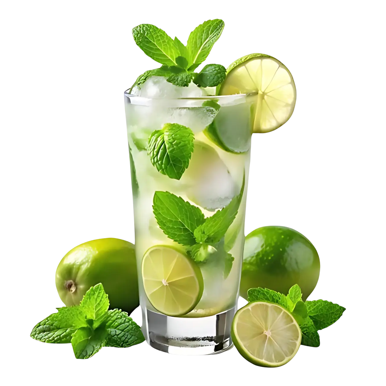 Refreshing classic Virgin Mojito with fresh mint, lime slices, and ice, surrounded by whole limes.